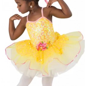 Kids toddler yellow sequins ballet dance dress tutu skirts birthday party singers host stage performance jazz dance outfits for baby